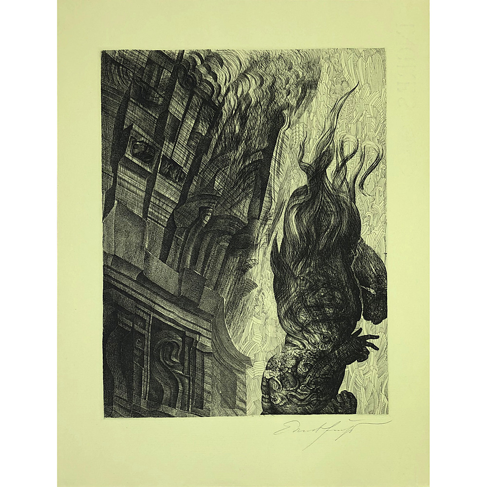 Ernst Fuchs – Samson in front of Dagon's house